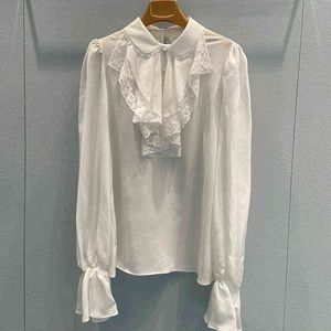 Белая шифоновая рубашка кружев сплайсинг с длинным рукавом из рукавов топ женский осень осень новый