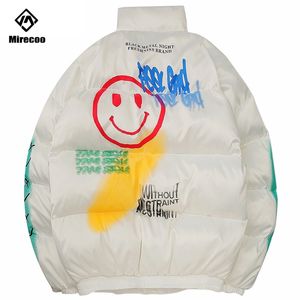 Hip Hop Parka Down Jacket Smile Face Graffiti Impresión Men Windbreaker Streetwear Harajuku Invierno Chaqueta acolchada AUTO COAL CX200817