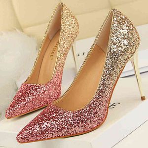 2022 Mulheres sexy glitter 9,5cm de salto alto bombas de stripper scarpins tacones bling ouro salto rosa de casamento sapatos de casamento de baile de casamento g2205516