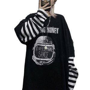 Maglietta autunnale Casual Lettera Stampa O-Collo della banda Tees Creatività T-shirt allentata Manica lunga Oversize top Hip Hop Streetwear 220402