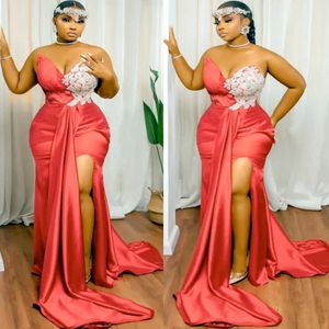 Plus Size Arabisch Aso Ebi Rote Meerjungfrau Sexy Ballkleider Spitze Perlen Abend Formale Party Zweiter Empfang Geburtstag Verlobung Brautjungfernkleider Kleid