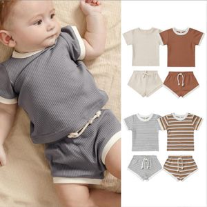Boys Designer Clothes Kids Summer Boutique Clothing Sets Baby Solid Striped Tops Shorts Suits Breathable Casual T-Shirts Drawstring Pants Outfits B8124