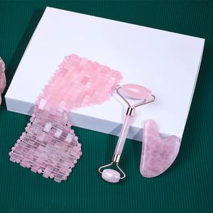 Bästsäljande skönhetsjukvårdsverktyg Naturliga ädelsten Crystal Beads Rose Quartz Eye Masks Jade Stone Mask Set Facial Pink Jade Roller och Gua Sha Massage Tools