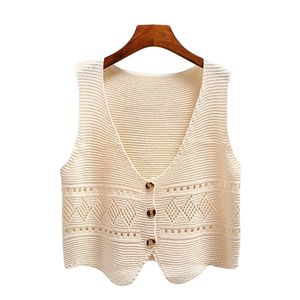 Korean Fashion V Neck Loose Sleeveless Sweater Vest Women Knitted Hollow Out Single Breasted Short Cardigan Female Kniwear L220812