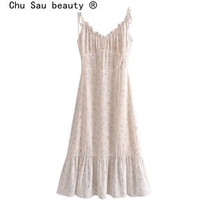 Summer Streetwear Chic Floral Printed Sling Midi Dres Fashion Casual Style Ruffles V-neck Chiffon Dresses Female 220516