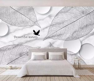 Cobertura de parede personalizada papel de parede grande personalizado pintado à mão abstrato preto e branco folhas de mármore padrão parede de fundo