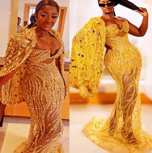 Plus Size Arabic Aso Ebi Gold Sparkly Mermaid Prom Dresses Beaded Crystals Evening Formal Party Second Reception Birthday Engagement Gowns Dress ZJ