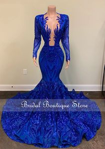Wholesale white satin button up shirt resale online - Royal Blue Sparkly Sequins Mermaid Prom Dress For Black Girls Aso Ebi Party Dress African Evening Gowns Formal Robe De Bal