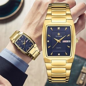 WWOOR Luxury Business Men Watches Gold Quartz Stainless Steel Sport Square Clock Waterproof Week and Date Relogio Masculino 220517