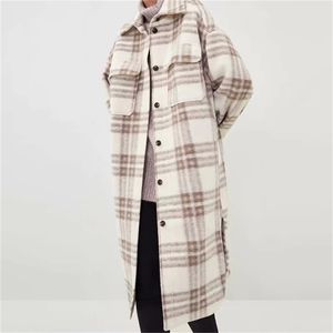 Women Winter Vintage Plaid Woolen Coat أحادية الصدر ثخانة الكشمير الدافئة مع سترة مقنعين مع السترة الحزام الإناث الباردة Outwear 201215