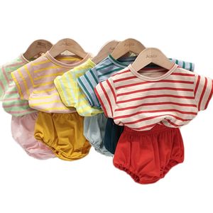 Meninas meninas meninas listradas 2pcs conjuntos de verão algodão casual camise