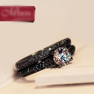 Cluster Ringe Vintage Weibliche Kristall Runde Ehering Set Mode Schwarz Gold Braut Verlobungsversprechen Zirkon Stein Für FrauenCluster