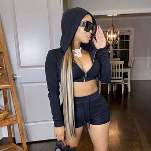 Women Tracksuits Summer Clothes Jogging Suit Solid Outfits Long Sleeve Hooded Jacket Shorts Two Piece Set 2XL Casual Suits 7294