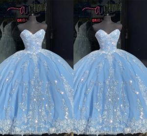 Blue Ballgown Quinceanera Light Dresses with 3D Floral Applique Beaded Sequins Sweetheart Neckline Pageant Sweet 16 Birthday Party Prom Gowns Custom Made