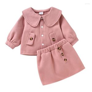 Set di abbigliamento 0-3Y Cute Born Baby Girl Manica lunga Peter Pant Collare Cardigan in lana di agnello Cappotto Top Gonna a trapezio 2 pezzi Set di vestiti invernali