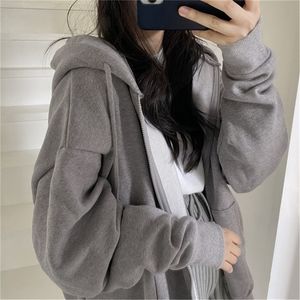 Kvinnors överdimensionerade hoodies harajuku fast färg zip upp fickan koreansk streetwear höst långärmad huva kvinnlig slumpmässig tröja 220817