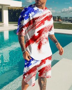 Herrespår 2023 Summer American Flag Men Set Tracksuit Causal O-Neck kort ärm t-shirt man sportdräkt 2 stycken toppar och shorts