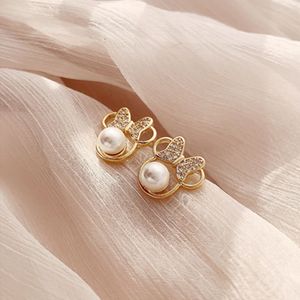 Hot Selling Bowknot Butterfly 925 Silver Needle Stud Earrings Small Pearl Cute Little Fragrant Mouse Rhinestones Earrings