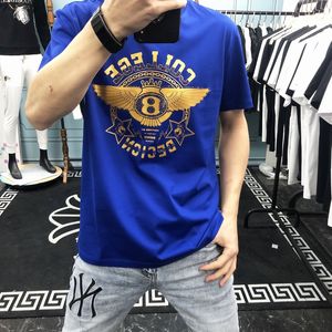 2022 Yaz Yeni Saf Pamuk Moda Erkekler T-Shirts Kanat Desen B-Logo Sıcak Elmaslar Tasarım Kısa Kol Yuvarlak Boyun İnce Üst Kalite Altın Desen Tees Mavi Siyah M-4XL