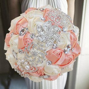 Decorative Flowers & Wreaths 1pc/lot Champage And Coral Silk Wedding Bouquet With Silver Gem Pure Color White Bridal Flower Bowknot Holding