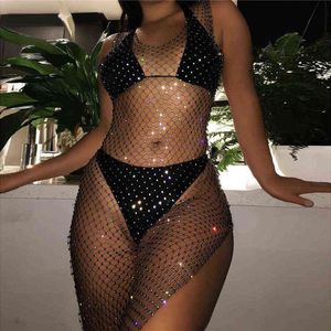 Hot Summer Women Ladies Bikini Crystal Cover-Ups Fishnet Cover Up Szybźnie na plażę Kąpiec Siatka Hollow Out Split Sukienki T220816