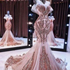 Rose Gold Sequins Prom Dresses Applique Mermaid Off Shoulder Vestidos Plus Size Custom Made Ruched Evening Party Gowns vestidos Formal Occasion Wear Plus Size