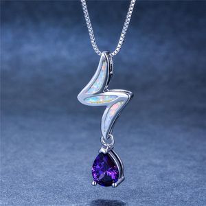 Pendant Necklaces Cute Boho Female Big Purple Water Drop Pendants White Blue Fire Opal Necklace Silver Color For WomenPendant