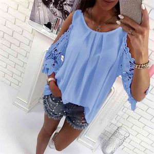 BigSweety Ladies Blush Fashion Womens Off ombreistas camisetas de blusa Summer Hollow Out Manga Camisa Boho Tunics 210326