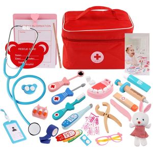 Kids Toys Doctor Nurse Set for Children Kit Funny Games Girls Boys doen spelen Wood Cosplay Dentist Medicine Box Cloth Bag LJ201214