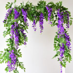 Decorative Flowers & Wreaths Wisteria Artificial Flower Vine Wreath Wedding Arch Decoration Fake Plant Leaf Rattan Trailing Ivy WallDecorati