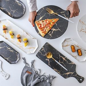 白黒黄金の陶磁器の皿とプレートピザデザートステーキ食器の装飾的なフードトレイディナーセットPorcelai 220307