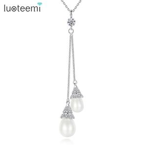 Wholesale fancy pearl necklace for sale - Group buy Pendant Necklaces Fashion White Gold Color Two Pearls Necklace For Women Link Chain Fancy Waterdrop Bijoux GiftPendant