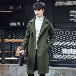 Men's Wool & Blends Autumn Winter 2021 Blend Coat Windbreaker Mid-length Trench Korean Slim Woolen British Overcoat Wind-jacket T220810