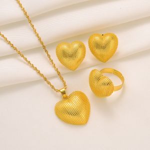 18K Solid Fine Gold Filled Gold 3D Plump Heart Pendant Necklace Stud Earrings Ring Set Wedding Rani Haar Tikka