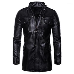 Men's Fur & Faux Autumn And Winter Leather Jacket Motorcycle Long Black Windbreaker Windproof PU Stand Collar Coat M-5XL