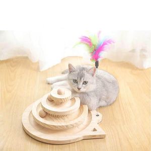 Cat Toys Tree Tower Wood Toy Games för tillbehör Dubbelskikt Roterande spår Boll Intellektuell rolig Platecat