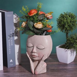 Meninas enfrentam a cabeça plantadeira plantadeira planta plantas flor recipiente flowerpot figura decoração de jardim ornamento de mesa nórdico 220423