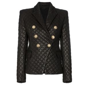 HIGH QUALITY 2020 New Stylish Designer Blazer Women s Lion Buttons Grid Cotton Padded Slim Fitting Synthetic Leather Jacket LJ200911