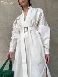 Vestido clacive sexy midi vestido de moda de moda de moda de manga longa vestido de fenda casual casual algodão elegante para mulheres 2022 T220804