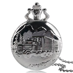 Zegarki kieszonkowe Vintage Srebrna ciężarówka furgonetka kwarcowa zegarek wisiork Naszyjka mężczyzn Mężczyzn Kobiet drzewa moda antyktywna steampunk steampunk kieszonkowy