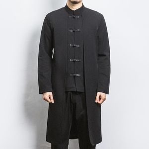Trench dos casacos masculinos 2022 Spring Men Fake Two Pieces Cardigan vestido de fivela quimono casaco masculino estilo chinês preto solto vintage hanfu túmulo longo