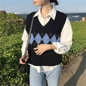 Women Sweater Vest Autumn Korean Style Vintage Geometric Argyle V Neck Sleeveless Pullover Sticked Jumper Tank Tops T360 201222