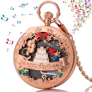 Pocket Watches Rose Golden Color Happy Birthday Design Melody Music Watch Hollow Steampunk Quartz Necklace Pendant With Chain for Friend