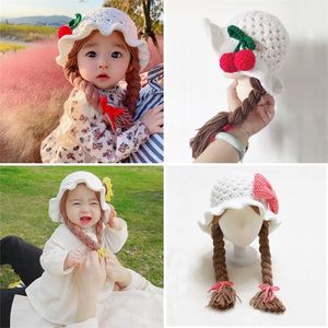 Handmade Knitted Baby Girl Wig Hat Infant Wigs Brades Kid Crochet Caps With Plaits Bebe P ography Props Headwear 1 6 Yrs 220630