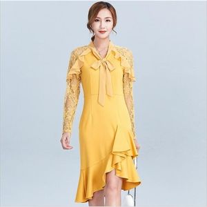 Lace Panel lace knitted dress women's autumn and winter new high elastic medium length irregular fishtail 201008