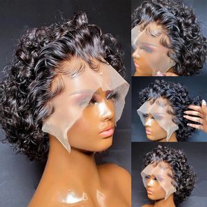 Kort bob pixie klippte mänskliga hår peruker kinky lockiga ombre blondin/brun/svart färgad studsande djup våg spetsar front peruk för kvinnor