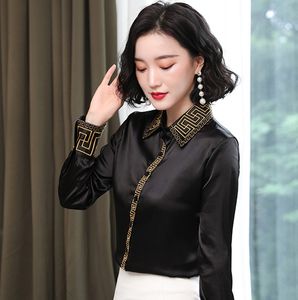 2023 vintage haft czarna jedwabna koszula Kobiet Designer Długie rękawy Buzja z przodu Bluzki Top Office Damie Down-Down Obroźne Koszulki Koreańskie Topy modowe