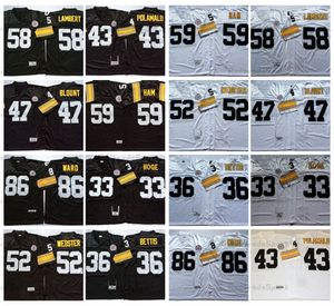 Vintage 33 Merril Hoge 59 Jack Ham Futbol Formaları 36 Jerome Bettis 43 Troy Polamalu 47 Mel Blount 52 Mike Webster 58 Jack Lambert 86 Hines Ward Siyah Dikişli Gömlekler