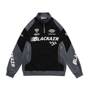 Men Jacket Retro Street Racing Motorcycle Suit Thin Letter Print Half Zipper Long Sleeve Black White for Women Size M-xxl