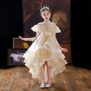 Girl's Dresses Champagne Flower Girl For Wedding Elegant O-Neck Sequin Tulle Pricess High Low Kids Formal Evening GownsGirl's